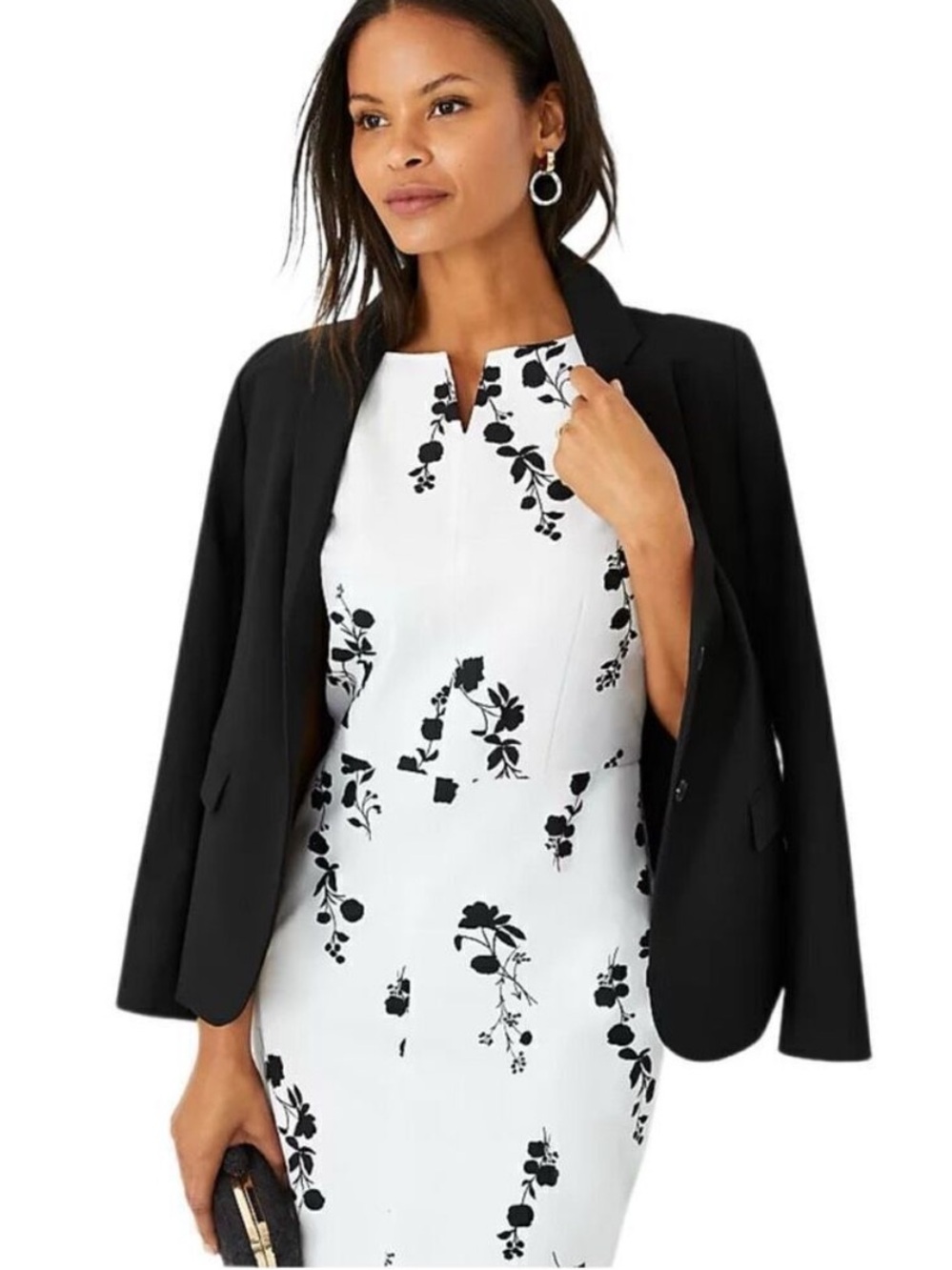 Ann Taylor Midi Sleeveless Sheath Dress Cotton Linen Black White Floral Size 4 - Picture 2 of 11